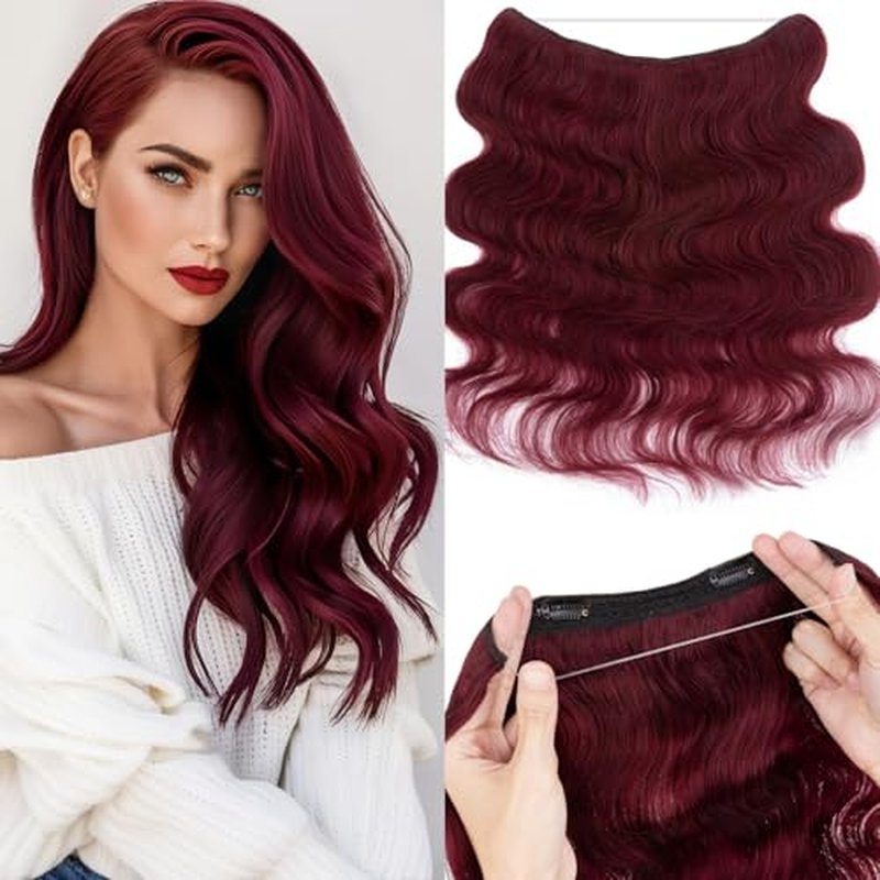 Rich Choices Halo Hair Extensions Real Human Hair Remy Hairs Halo Extension for Women Invisible Wire One Piece Clip in Hairpiece 18 Inch Wavy-#99J Burgundy Red