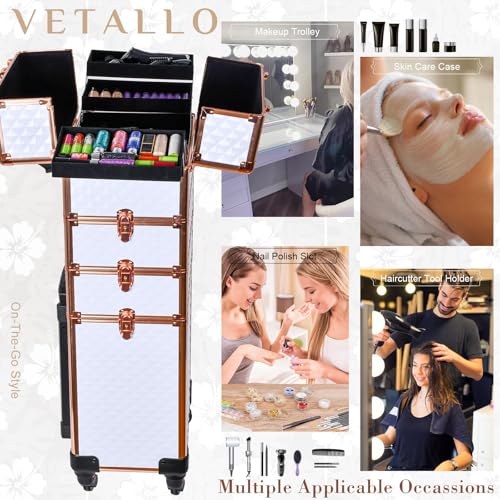 VETALLO Rolling Makeup Train Case, 5-in-1 Travel Makeup Case Organizer I Large Makeup Case with Key Swivel Wheels I Makeup Train Case for Manicurists Hairstylists Esthetician I White