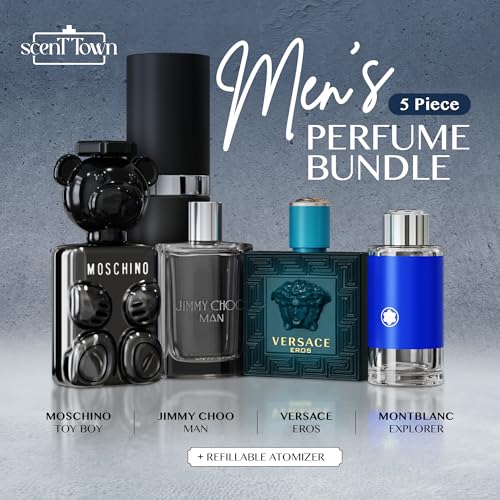 Mens Cologne Gift Sets Bundle Mini Bottle ? Designer Mens Cologne Sampler Sets with Refillable Atomizer ? Box Includes Versace, Moschino, Mont Blanc, Jimmy Choo Travel Size (0.17 Oz Each)
