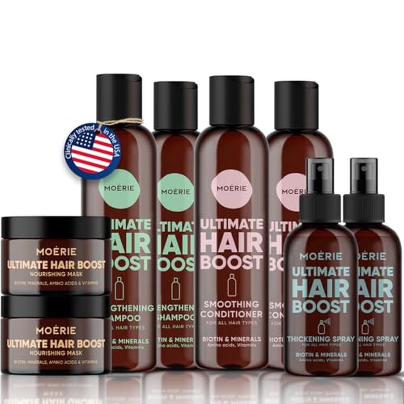 Moerie Shampoo and Conditioner Plus Hair Mask and Hair Spray Mega Pack ? The Ultimate Hair Care Set ? For Longer, Thicker, Fuller Hair - Volumizing Hair Products ? Paraben & Silicone Free - 8 items