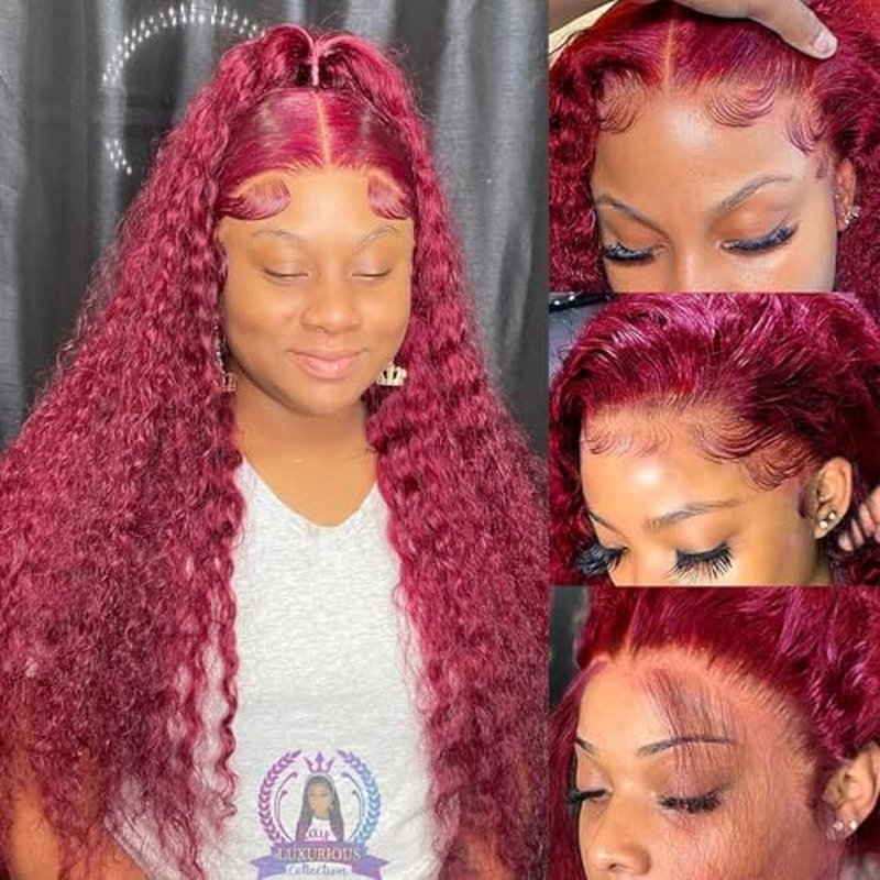 Deep Wave Lace Front Wigs 99j Burgundy 13x4 Deep Curly HD Transparent Lace Frontal Wig for Women 180% Density Glueless Wine Red Colored Human Hair Wig Pre Plucked Super Soft 18inch
