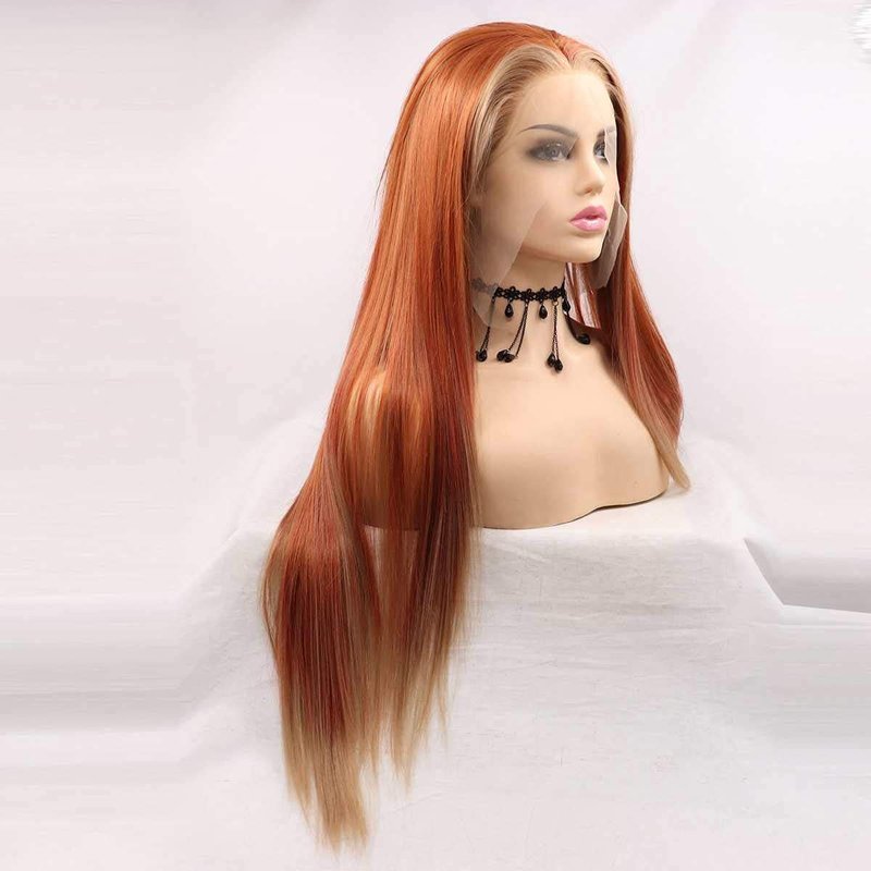 Xiweiya Wig Long Red Brown Wig with Blonde Synthetic Lace Front Wig Hightlight Long Soft Wig Silky Straight Hair Replacement Wig for Women, Drag Queen Makeup 24 inch