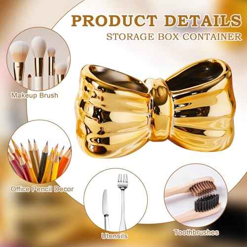 Chunful Gold Bow Toothbrush Holder Cute Ceramic Bow Shaped Toothbrush Makeup Brush Holder Organizer Comb Pen Pencil Storage Box Container Bathroom Vanity Countertop Accessories, for Bathroom Home