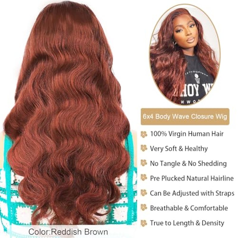 Reddish Brown 26 Inch Body Wave Glueless Wig Human Hair Pre Plucked Pre Cut 6X4 HD Lace Body Wave Put on Wigs Human Hair #33 180% Density 3 Seconds to Wear Easy Glueless Wigs for Beginners