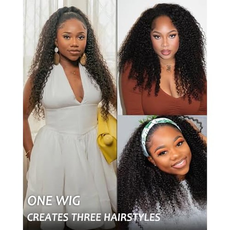 Kinky Curly Half Wig Human Hair - 200% Density, 18 Inch, Glueless Wear & Go, 3 in 1, Flip Over, Headband, Drawstring Wig, Natural Look, Beginner Friendly (Natural Black, 18 Inch, Kinky Curly)