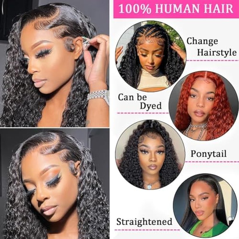 20 Inch 13x6 Lace Front Wigs Human Hair Water Wave 200 Density 13x6 HD Full Lace Frontal Wigs Pre Plucked Wet and Wavy Glueless Deep Curly Human Hair Wigs for Women Natural Black