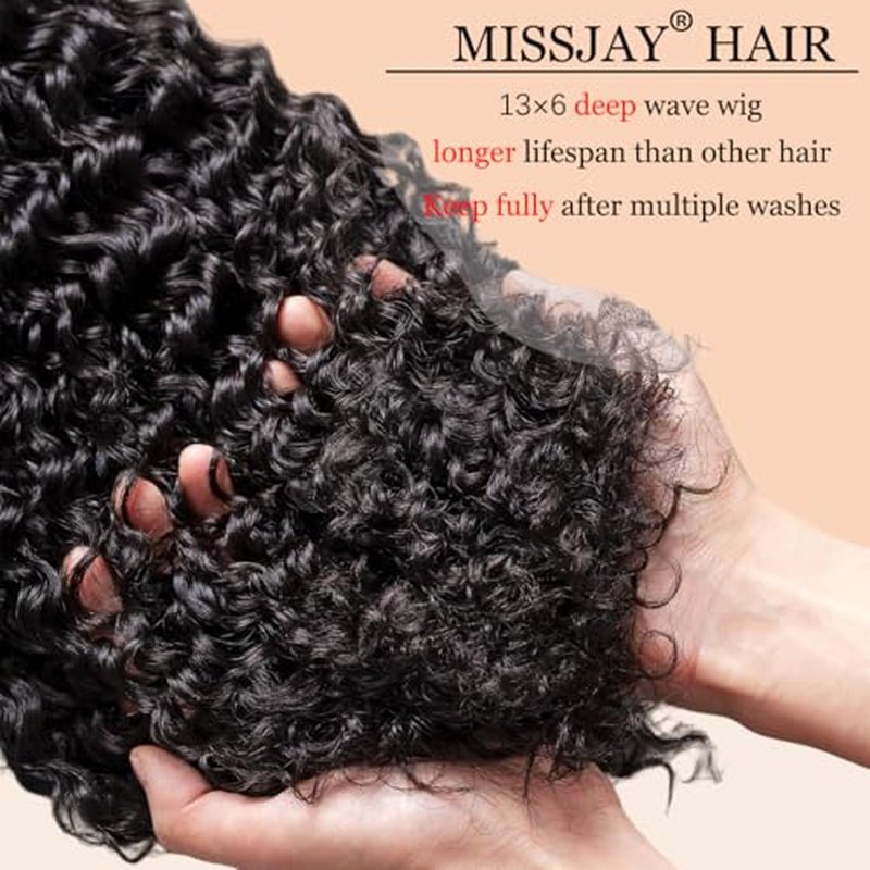 MISSJAY Deep Wave Lace Front Wig Human Hair 13x6 Lace Frontal Wigs 200% Density Glueless Brazilian Virgin Human Hair Wig Deep Curly Wigs Pre Plucked for Black Women 24 Inch