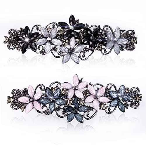 Elegant Hair Clips for Women and Girls Fashion Sparkly Glitter Rhinestones Hair Barrettes Flower Hairpin Hair Accessoires (Pink&Dark Blue/Black&Gray Flowers)