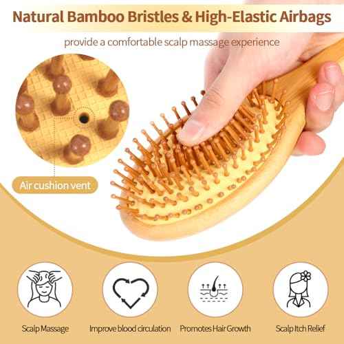6 Piece Bamboo Hair Brush for Hair Growth, Wooden Paddle Detangler Hairbrush with Natural Bamboo Bristles, For All Hair Types - Women & Men, Scalp Massage, Smooths Tangles & Knots