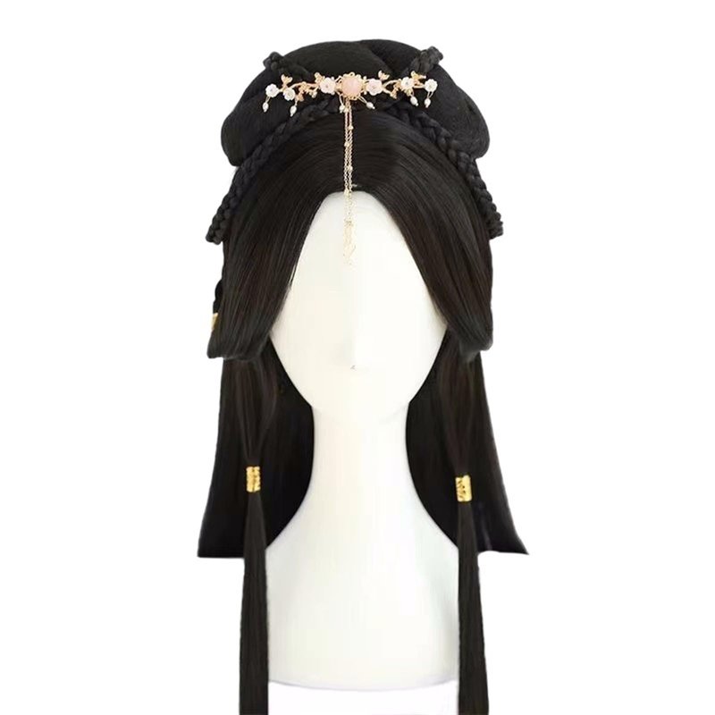 FOTN Chinese Vintage Wig Chinese Style Wig for Women Geisha Headband Wig Retro Headwear Wigs Bun Hair Pieces Hanfu Headdress Cosplay