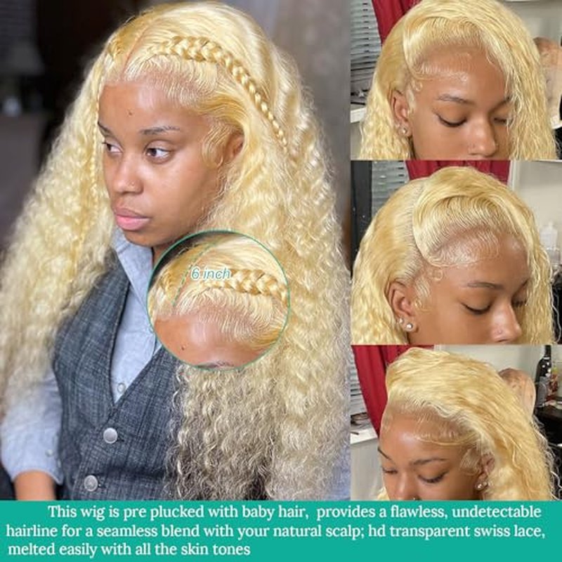 Licoville 13x6 Deep Wave Lace Front Wigs Human Hair 613 Wig 26 Inch HD Transparent Blonde Deep Wave Wig Human Hair Long Curly Blonde 613 HD Frontal Lace Wigs for Black Women 180% Density Pre Plucked