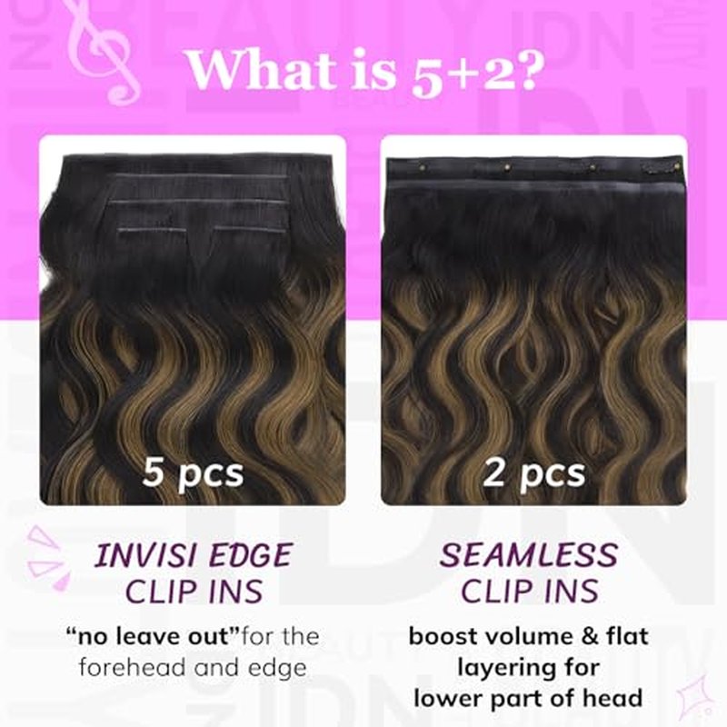 IDN BEAUTY 5+2 Invisi Edge Seamless Clip in Hair Extensions Human Hair, Body Wave Balayage Natural Black to Brown 14 Inch 100g 5pcs Invisible Edge & 2pcs Seamless Clip ins for Black Women No Leave Out