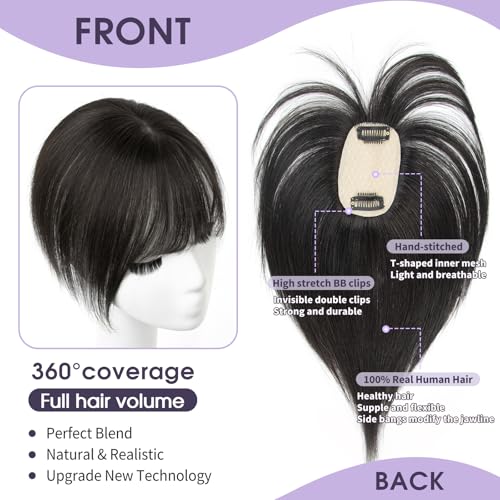10 Inch Real Human Hair Topper with Bangs for Women Covers Thinning Crown, Clip-In Hair Topper for Thinning Hair (Natural Black)
