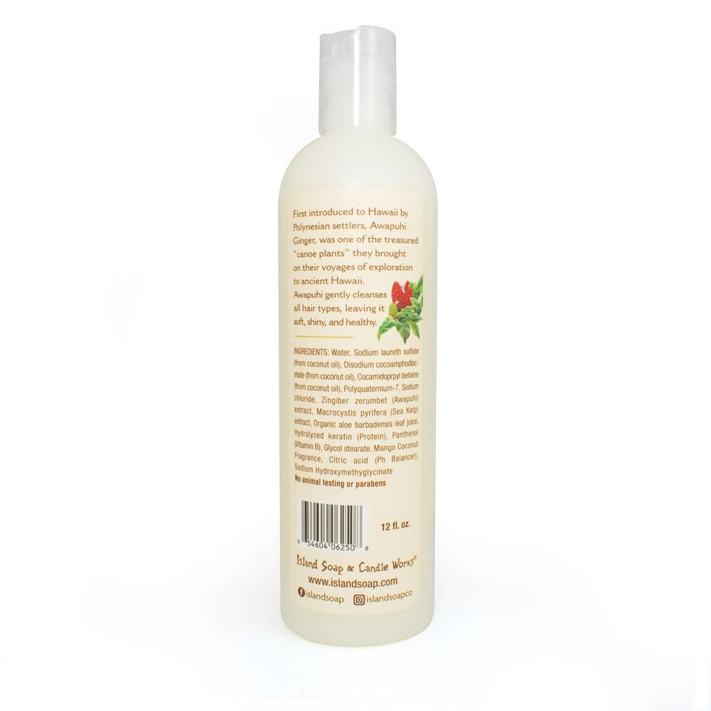 Island Soap & Candle Works Awapuhi Mango Coconut Shampoo – 12 Ounce Moisturizing Hawaiian Shampoo – Gentle Daily Cleanser with Tropical Mango & Coconut Scent – Handmade in Hawaii