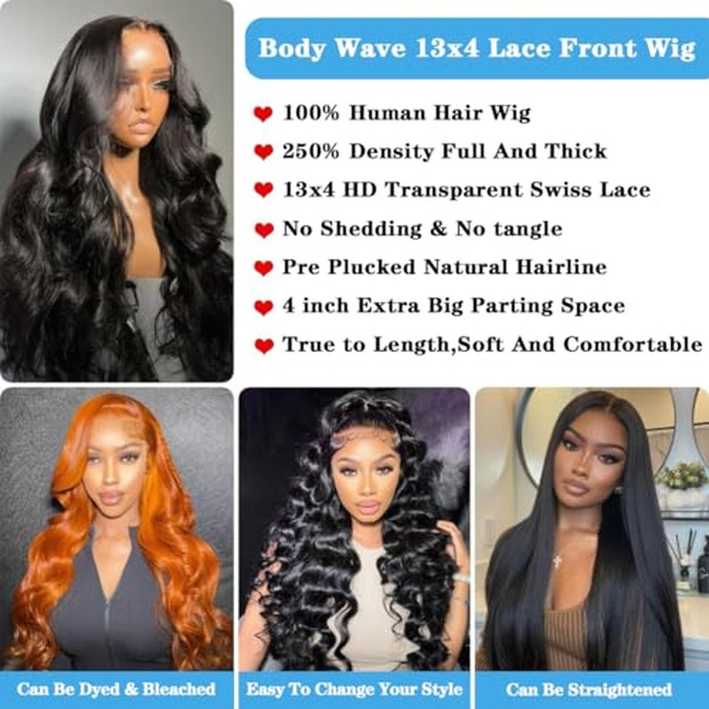 30 Inch Body Wave Lace Front Wigs Human Hair 13x4 HD Transparent Lace Frontal Wigs Human Hair for Women 250% Density Glueless Wigs Pre Plucked with Baby Hair