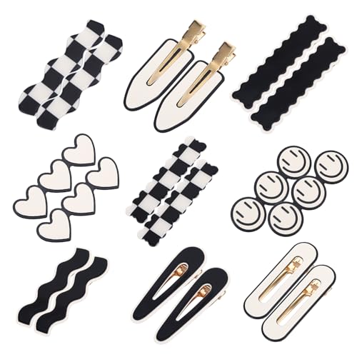 18Pcs Acrylic Checkered Hair Clip,Black and White Checkered No Bend Hair Clips for Women,Wave Geometric Duckbill Pins,Korean Styling Minimalist Hair Barrettes for Women Girls,Gifts for Women Girls