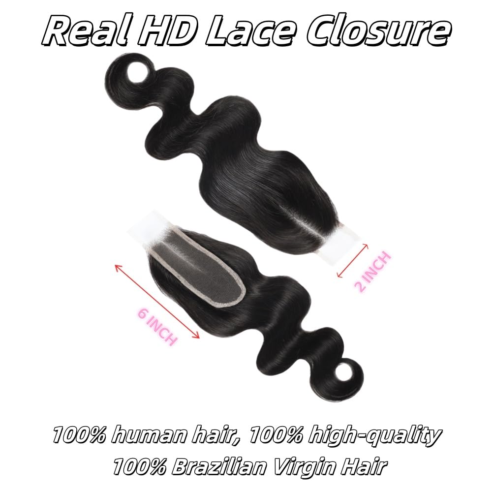 Anvnkl 2x6 HD Lace Closure Body Wave Human Hair Real HD Transparent 18 Inch 100% Brazilian Virgin Middle Part Pre Plucked with Baby Hair Natural Color Kim K 2x6 Closure