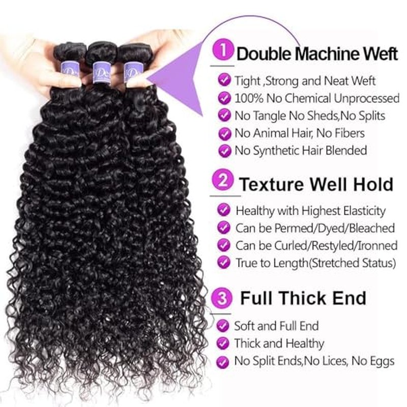 Curly Bundles Human Hair 3 Bundles Curly Human Hair Bundles 100% Unprocessed Virgin 12A Curly Bundles Double Weft Natural Black (20 22 24inch)