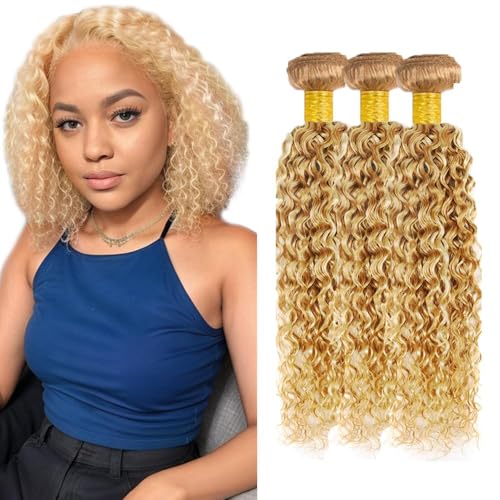 12 14 16 Inch Inch Human Hair Bundles Honey Blonde P27/613 Jerry Curly Bundles Human Hair 12A Unprocessed Quick Weave for Black Women Soft Sewn In with Double Weft