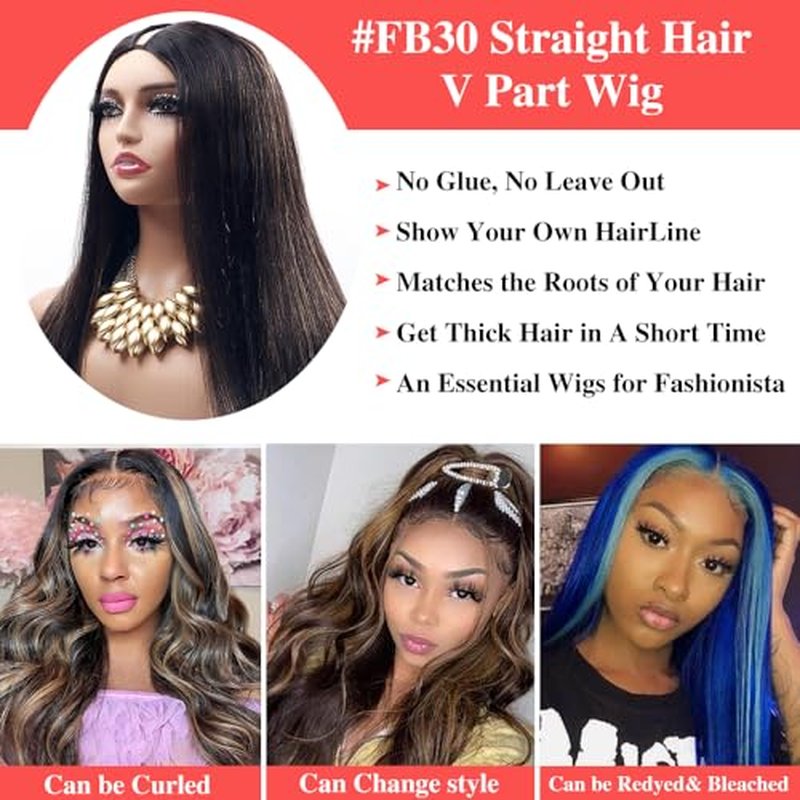 Glueless #FB30 Ombre V Part Wigs Human Hair Balayage Brown Straight Human Hair Wigs for Black Women Highlight Upgrade U Part Wig Full Head Clip In Half Wig No Leave Out 180% Density 20 Inch