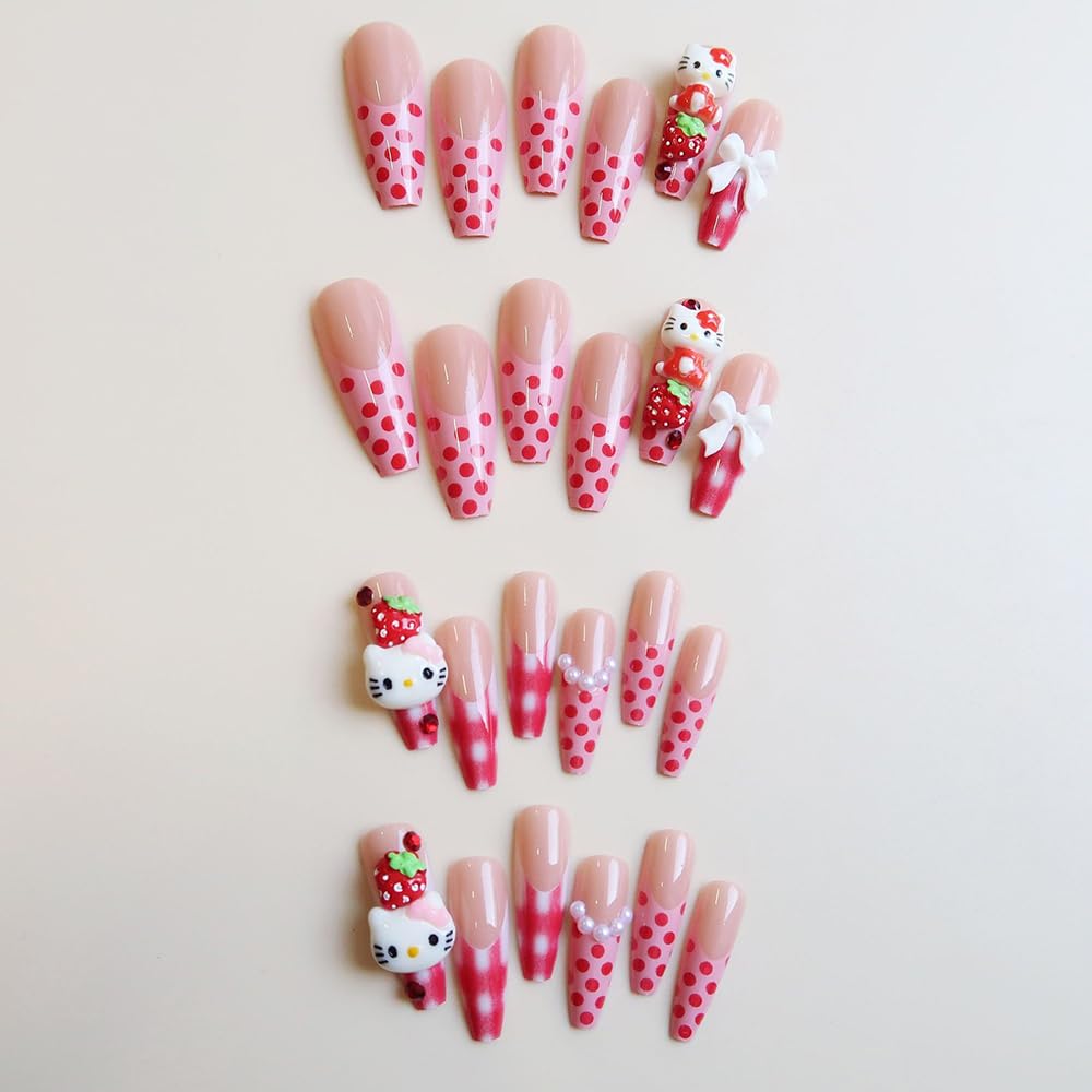 Cute Press on Nails Long Coffin Fake Nails with Glue Strawberry Bow Cat Nail Charms Design Cartoon Acrylic Nails for Women DIY 24Pcs Full Cover French Tip False Nails