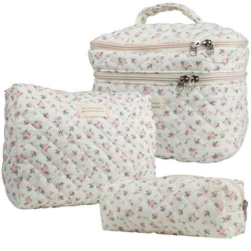 Dual Layer Cute Makeup Bag for Women(3 Pcs), Quilted Floral Coquette Aesthetic Make up Bags, Travel Cosmetic Bags Toiletry Organizer Bag(Pink Rose)