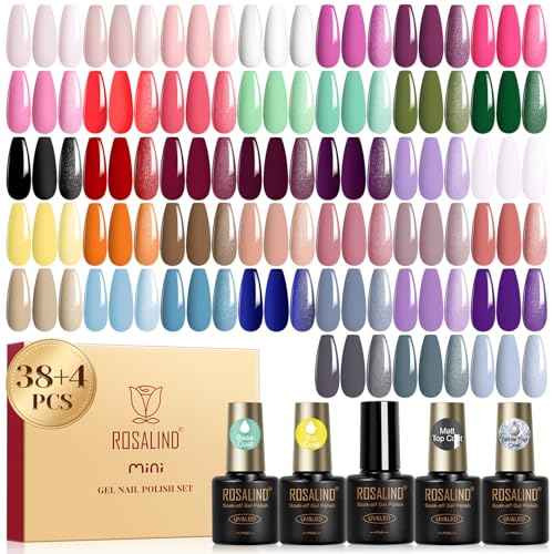 ROSALIND 42 Pcs Gel Nail Polish Set, 38 Colors All Seasons Nail Polish Set Colorful Begginer Kit with Base Coat & Glossy/Matte/Glitter Top Coat, Gel Nail Art Manicure Salon DIY Gifts