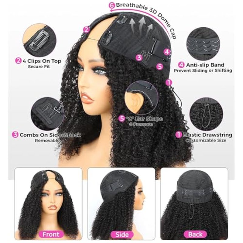 18 Inch V Part Wig Human Hair Curly,V Part KinkyCurly Wig for Women,Glueless Elastic Drawstring No Leave Out No Sew in Upgrade U Part Full Head Clip in Natural Black 12A Human Hair 200% Density