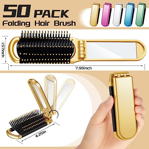 Uiifan 50 Pcs Folding Travel Brush with Mirror Bulk, Small Pocket Brush Compact Portable for Men Women, Bridesmaid Gifts, Stocking Stuffers, Party Favors(Purple, Green, Silver, Blue, Gold)