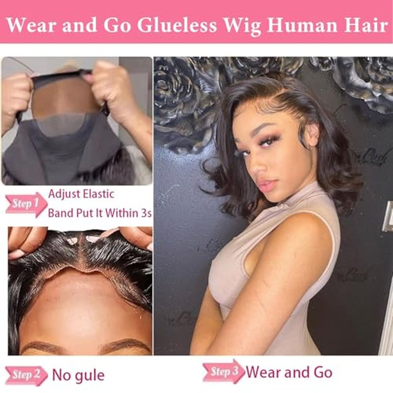 Wear and Go Glueless Bob Wig - Body Wave Lace Front Human Hair Wigs for Black Women - Pre Plucked and Pre Cut 4x4 Lace Closure - No Glue Needed for Beginners (Natural Black Glueless, 30 Inch)