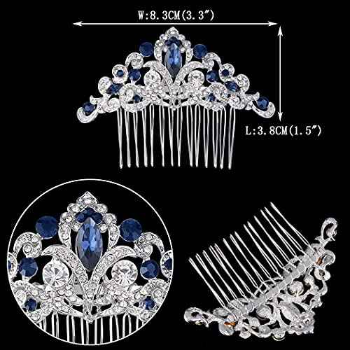 EVER FAITH Austrian Crystal Art Deco Flower Vine Wedding Prom Hair Comb fro Women Bride Bridesmaids Navy Blue Silver-Tone