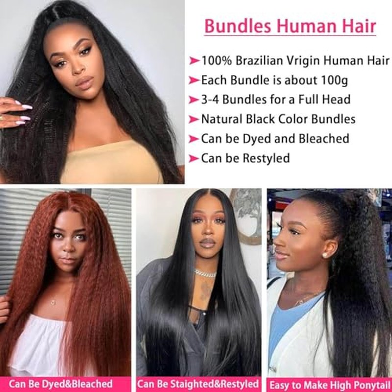 Kinkystraight Human Hair Bundles 3 Bundles 12A 100% Unprocessed Brazilian Virgin Hair Kinky Curly Bundles Human Hair Extensions for Women Quick Weave Yaki Straight Bundles (18 20 22 inch)