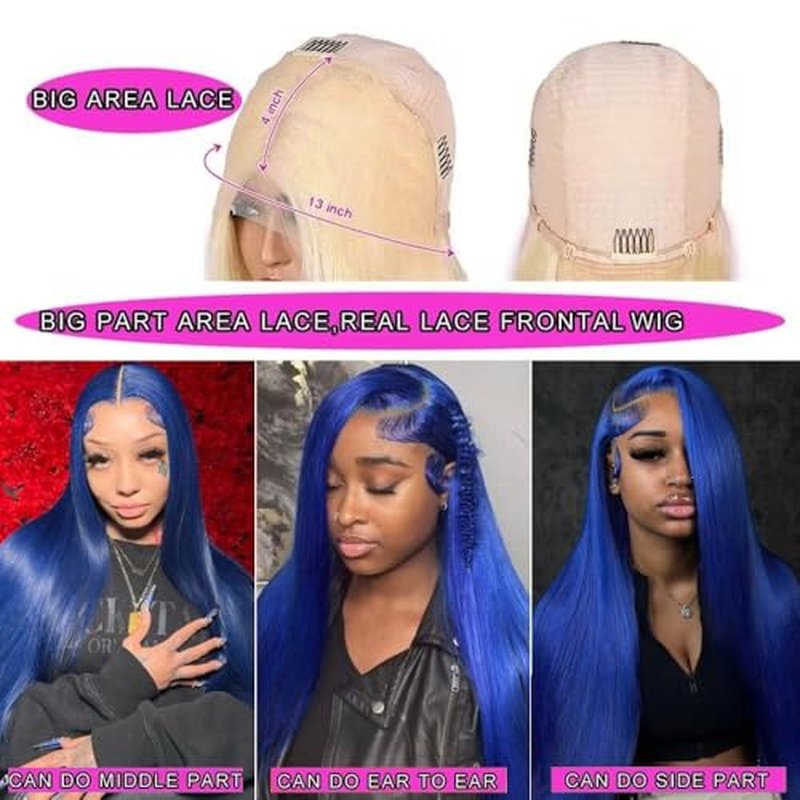 Blue Lace Front Wigs Human Hair 26 Inch Straight 13x4 HD Transparent Dark Blue Lace Front Wig Human Hair Wear and Go Glueless Wig Pre Plucked with Babyhair Colored HD Lace Frontal Wigs For Black Women