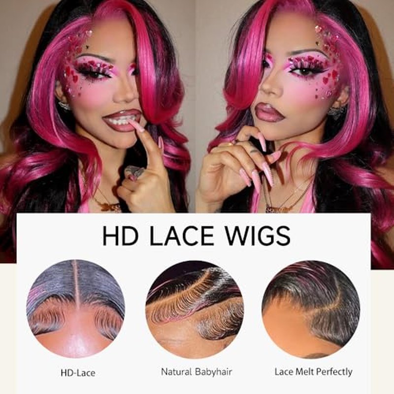 28Inch Skunk Stripe Human Hair Wig 200% Density Pink and Black Wig 13x4 Body Wave Lace Frontal Wigs Human Hair Pre Plucked Pink Human Hair Wig With Baby Hair