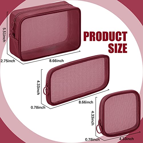 Weewooday 4 Pcs Mesh Makeup Bag Mesh Cosmetic Bag Travel Toiletry Pouch with Zipper Mini Makeup Cosmetic Purse for Daily Accessory(Small, Large, Medium,Wine Red)
