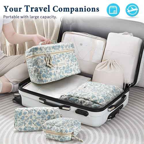 Cute Makeup Bag for Women(2 Pcs), Travel Cosmetic Bags, Quilted Coquette Aesthetic Floral Toiletry Organizer Bag (46 - Sky Blue/4Pcs)