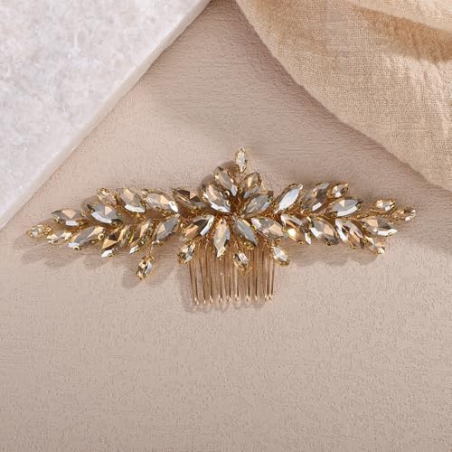 Teyglen Champagne Crystal Bridal Hair Comb Full Rhinestone Hair Piece Bride Wedding Hair Comb Sparkly Rhinestone Headpiece Party Prom Hair Accessories for Women (Champagne)
