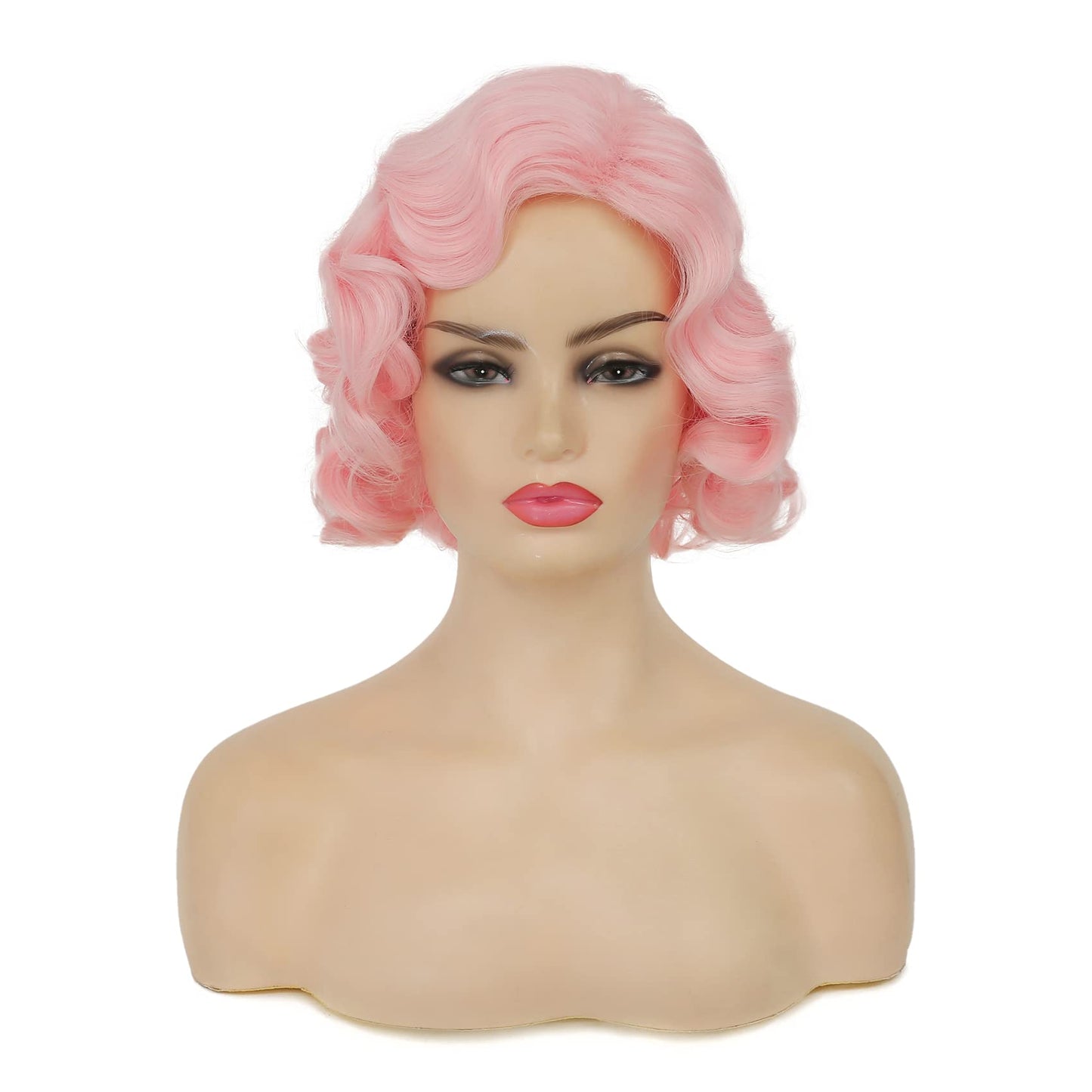 Swiking Short Pink Curly Finger Wave Wigs for Women Synthetic Wig Cosplay Halloween Flapper Vintage Hair Wig (Pink)