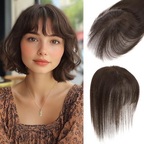 S-noilite Hair Toppers for Women with Bangs 100% Human Hair 360¡Æ3D Cover Clip in Wispy Bangs Short Topper Hairpieces for Women Dark Brown
