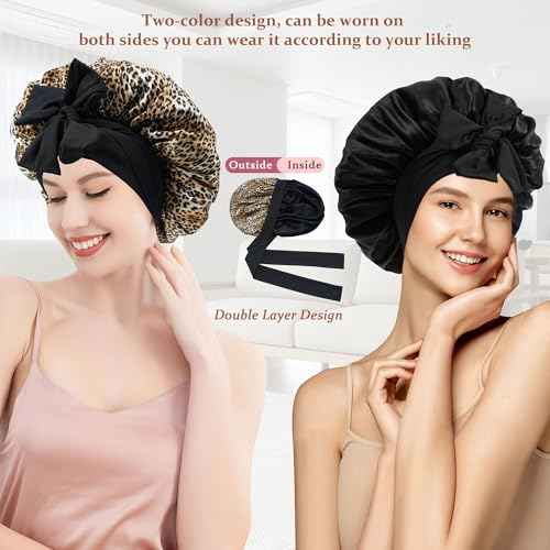 100% Mulberry Silk Bonnet for Sleeping Women Double Layer Silk Hair Bonnet Natural Sleep Cap with Elastic£¨Black + Leopard£©