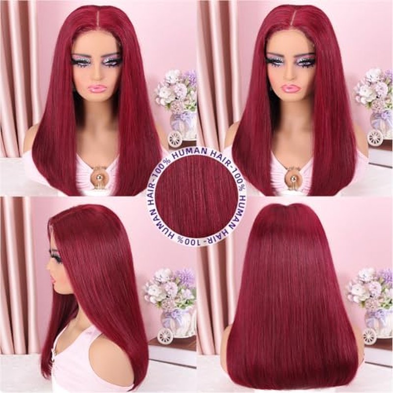 Burgundy 5x5 HD Lace Bob Wig Human Hair 200 Density Pre Plucked Pre Bleached Pre Cut Glueless Wear and Go Wigs for Black Women with Lace Closure Brazilian Straight Human Hair 18 Inch Bob Wigs