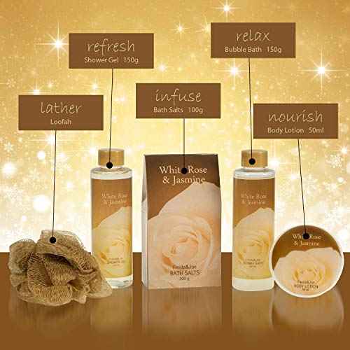 White Rose Jasmine Spa Set For Women in Elegant Gold Tub Includes Shower Gel, Bubble Bath, Body Lotion, Jasmine Bath Salt, Pouf, Award Winning Bath Body Set