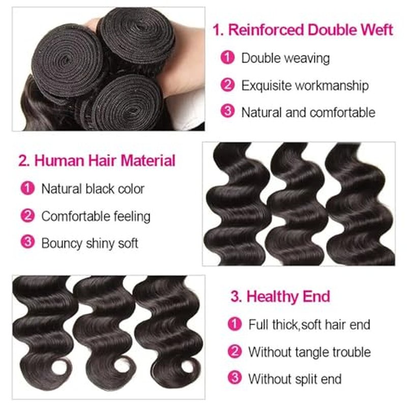 Body Wave Bundles Human Hair 22 24 26 Inch Human Hair 3 Bundles Body Wave 100% Unprocessed Brazilian Virgin Hair Weave Bundles Human Hair Extension Natural Black Color