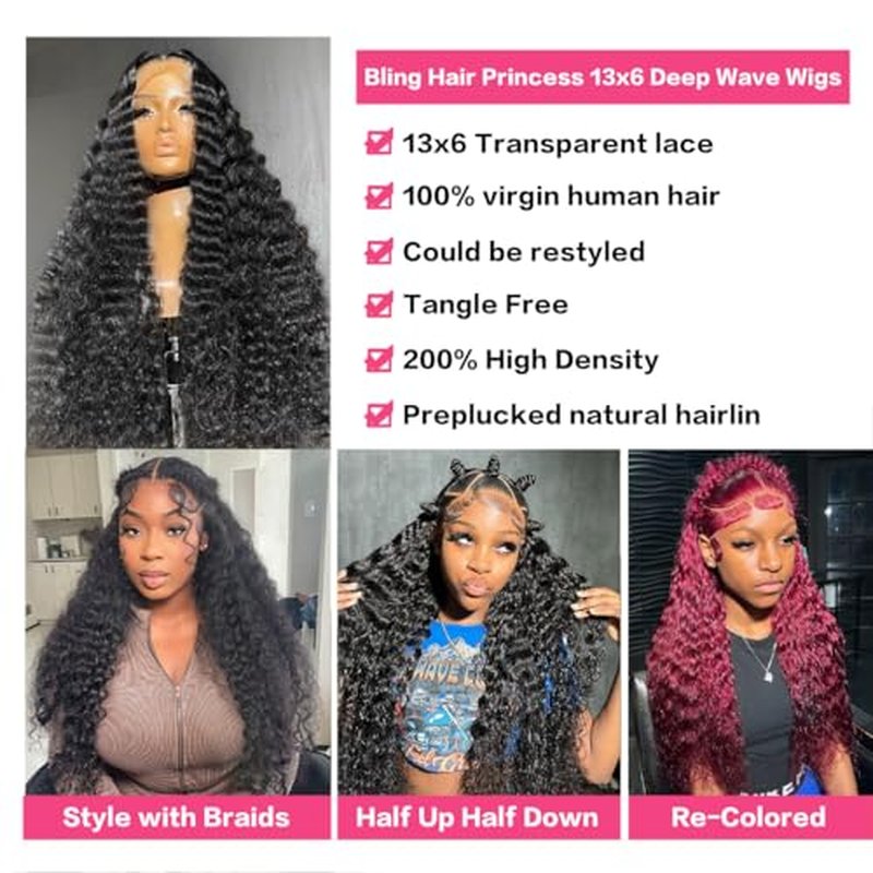 20 Inch Deep Wave Lace Front Wigs Human Hair 200 Density 13x6 Transparent Lace Frontal Wigs Human Hair Pre Plucked Deep Curly Human Hair Wig