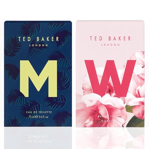 Ted Baker M and W EDT Bundle, Woman and Man Eau De Toilette, Includes M with Unique Notes of Tonka Bean and Musk, W with Notes of Fig Leaf, White Peony and Violet, 2 x 2.54 fl oz