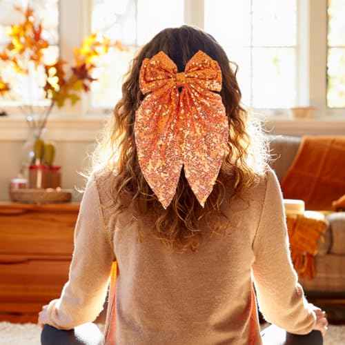 Sparkly Sequin Hair Bows for Women, Halloween Orange Hair Bows with Long Tail Large Hair Barrettes Hair Clips Bling Hair Accessories for Halloween Fall Christmas Holiday Birthday Party