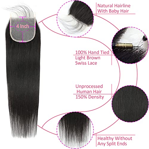 Straight 4x4 HD Lace Closure Human Hair,12A Transparent Lace Closure 100% Remy Human Hair Free Part Hand Tied Swiss Lace Closures Pre Plucked with Baby Hair Front Only Natural Black(20 Inch)