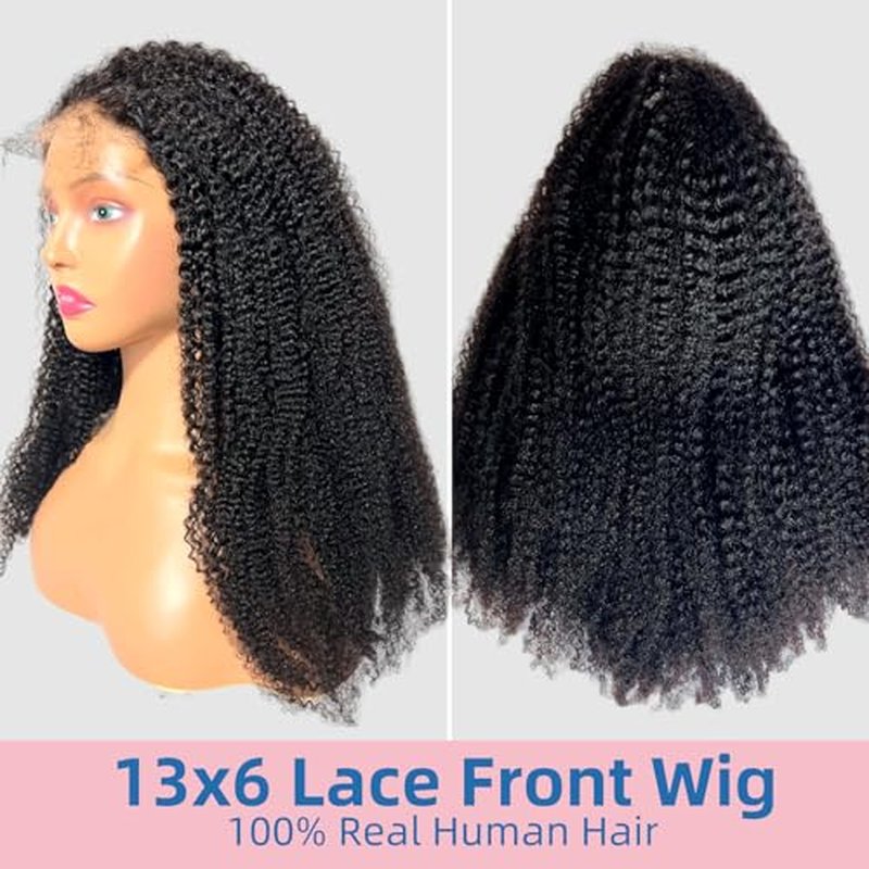 Afro Kinkycurly Wig Human Hair 13x6 Lace Front Wig Kinky Curly100% Real Human Hair Wigs 200 Density 20 Inch True to Length and Density 13x6 Lace Wigs for Women Preplucked Hairline Natural Black Color