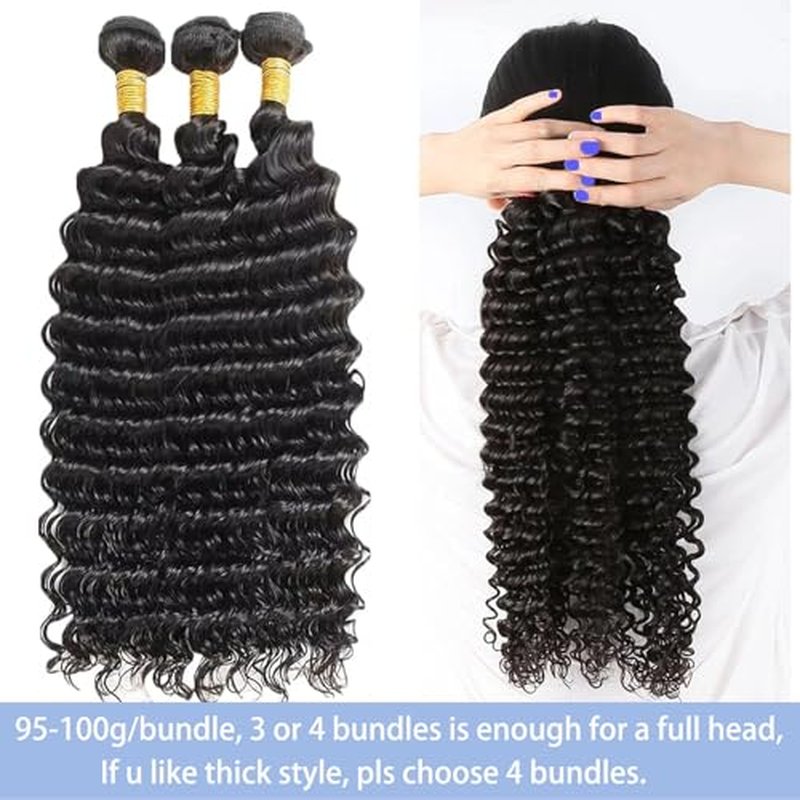 Deep Wave Human Hair Bundles 20 22 24 Inch Deep Curly Bundles Human Hair 12A Unprocessed Brazilian Virgin Weave 3 Bundles Real Human Hair Extensions 1B Bundles for Women