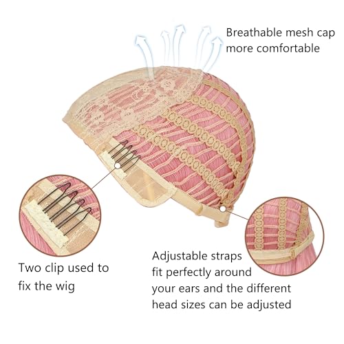 Light Pink Wig for Women Short Pastel Wavy Wigs Curly Bob Wigs with Bangs Shoulder Length Colorful Synthetic Wigs for Cosplay Costume Party Daily Use(14 Inches)